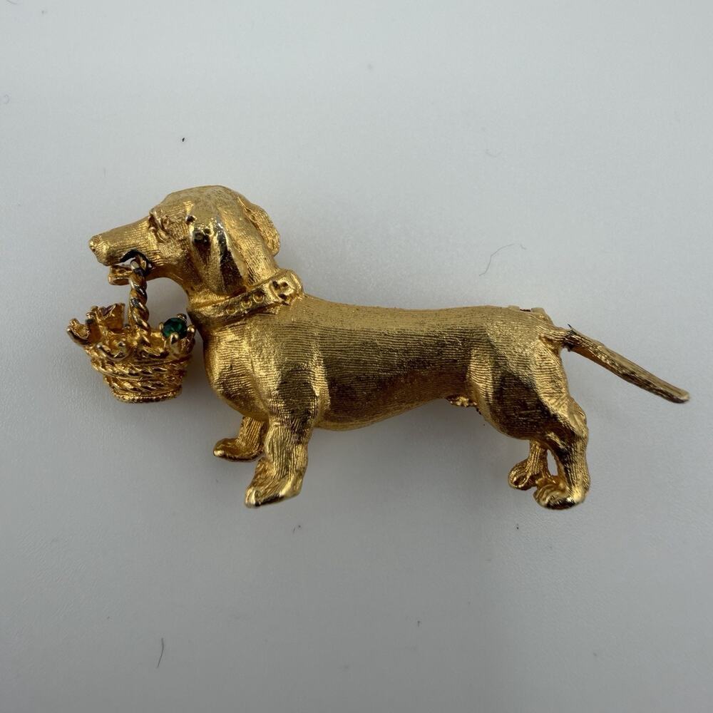 Vintage DeNicola Dachshund Dog Brooch Pin Basket Rhinestone Gold Tone READ